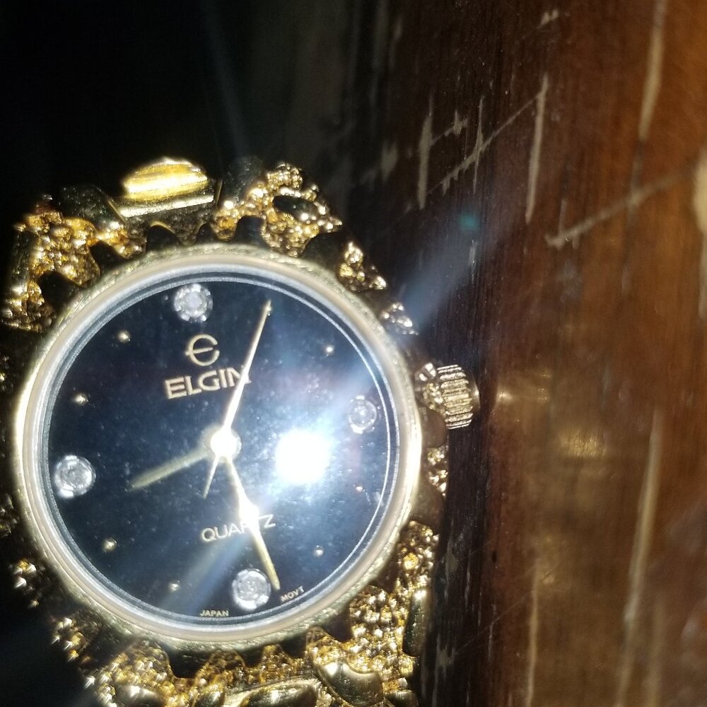 Vintage 1980's ELGIN Gold Nugget Black Diamond Dial Quartz Ladies Watch